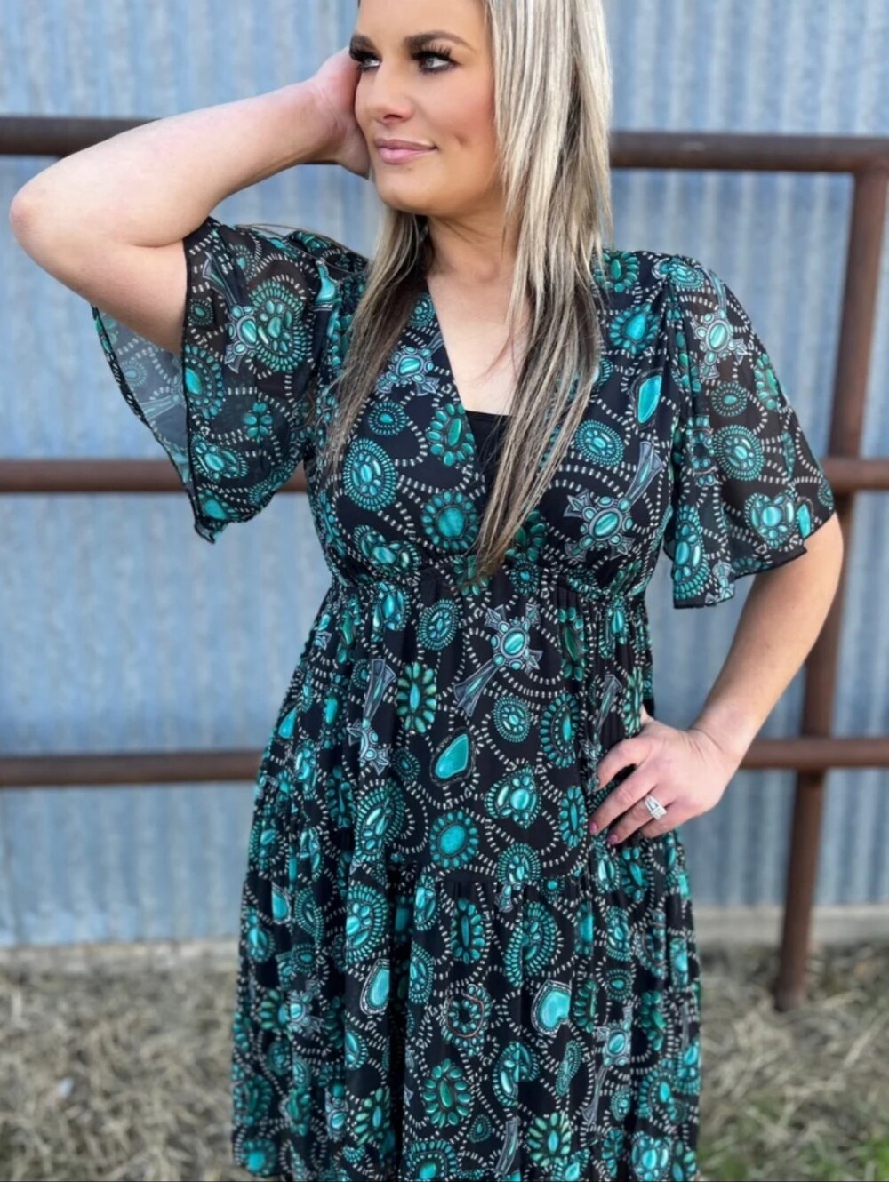 Sterling Kreek Floral Turqoise & Black Tiered V-Neck Dress